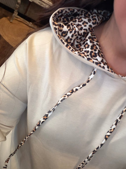 Beige Leopard Print Lined Hoodie with Drawstring