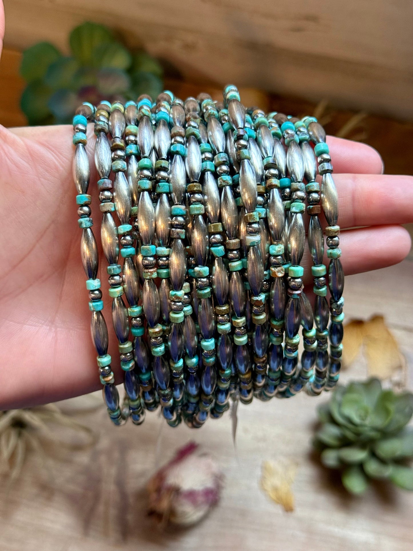 Blue-Green Turquoise Heishi & Sterling Silver Torpedo Choker