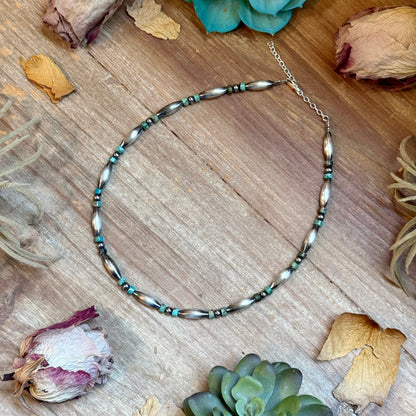 Blue-Green Turquoise Heishi & Sterling Silver Torpedo Choker
