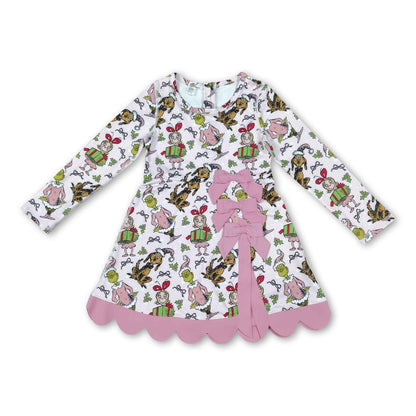 Long sleeves bow gift pink scallop girls Christmas athletic dress