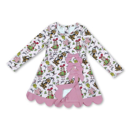 Long sleeves bow gift pink scallop girls Christmas athletic dress