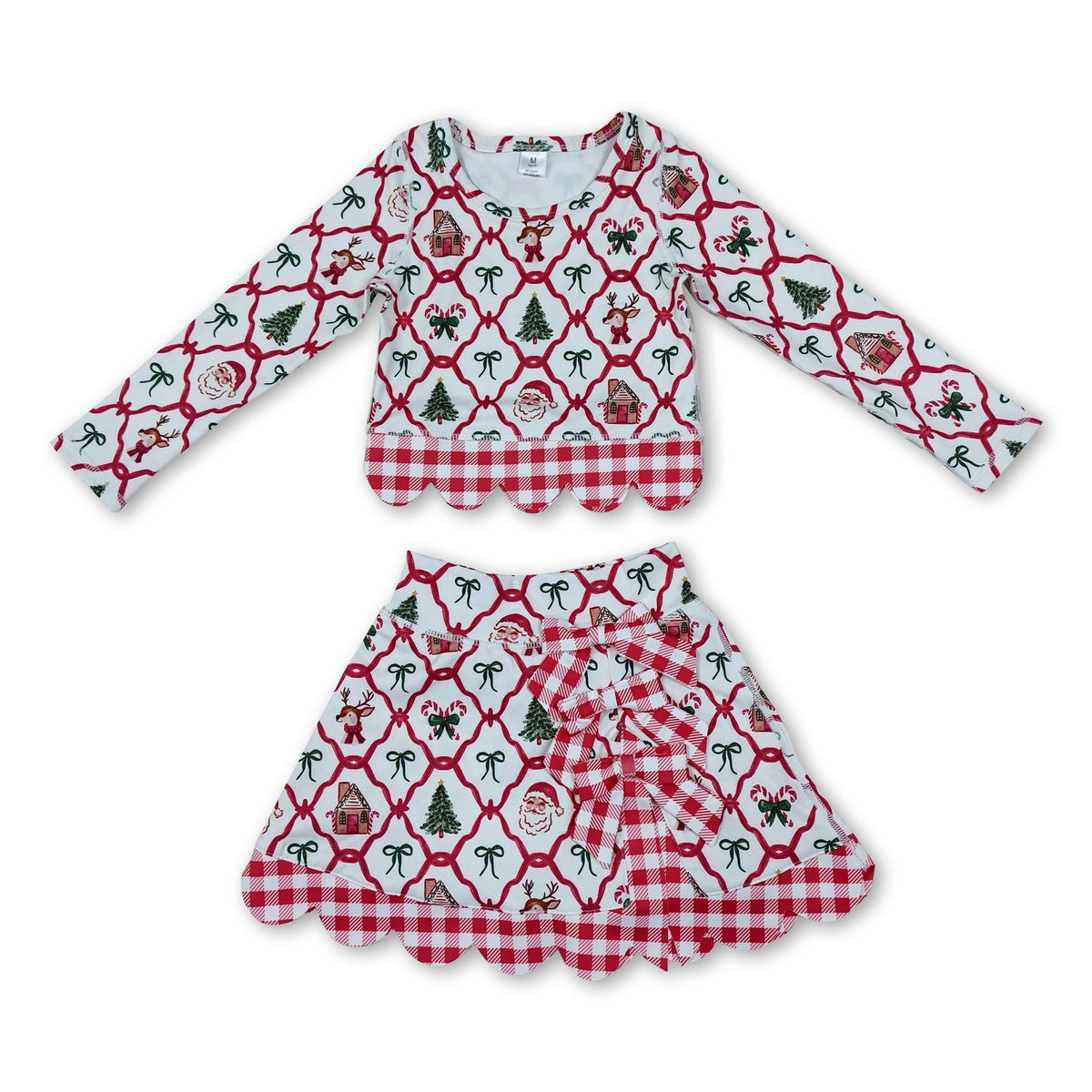 Santa deer bow scallop girls Christmas active wear set