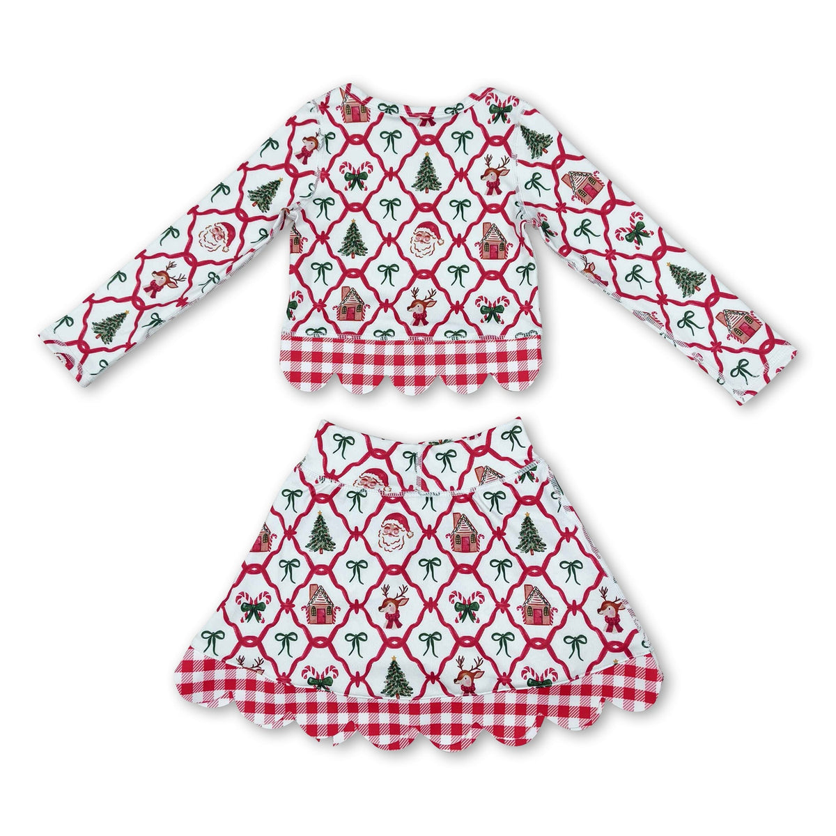 Santa deer bow scallop girls Christmas active wear set