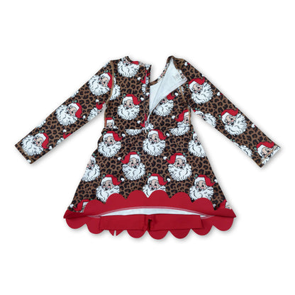 Leopard santa scallop bow girls Christmas athletic dress