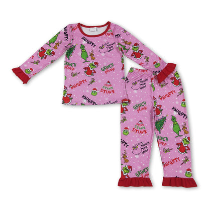 Green face Christmas tree ruffle kids girls pajamas