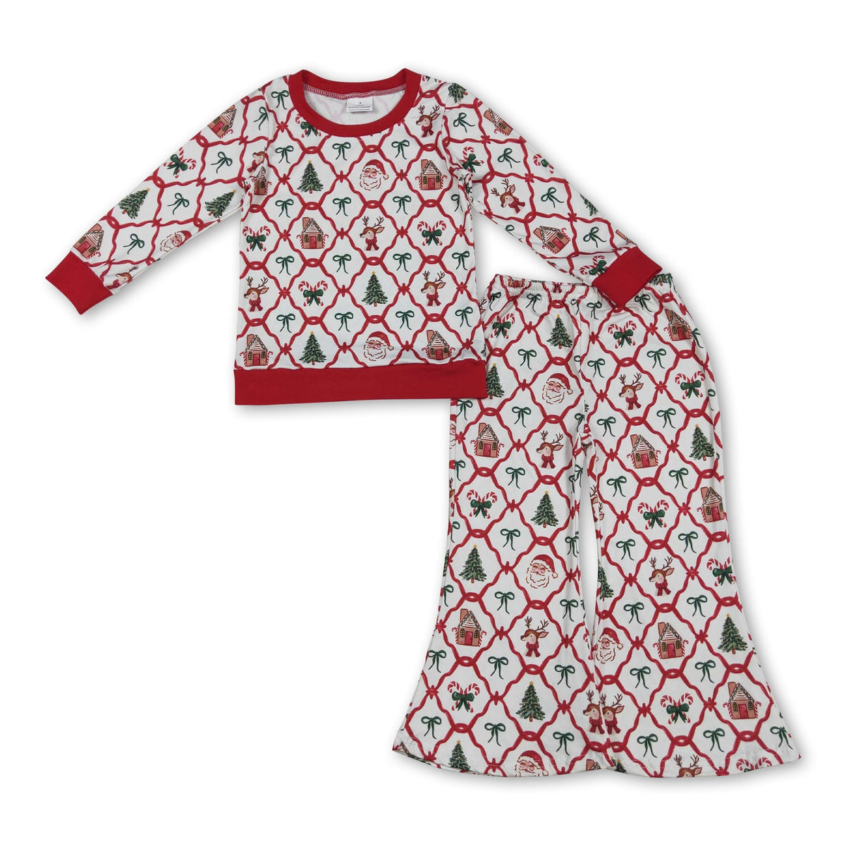 Deer santa bow top bell bottom pants girls Christmas outfits