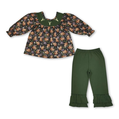 green deer smock leaves print green pants girls outfits