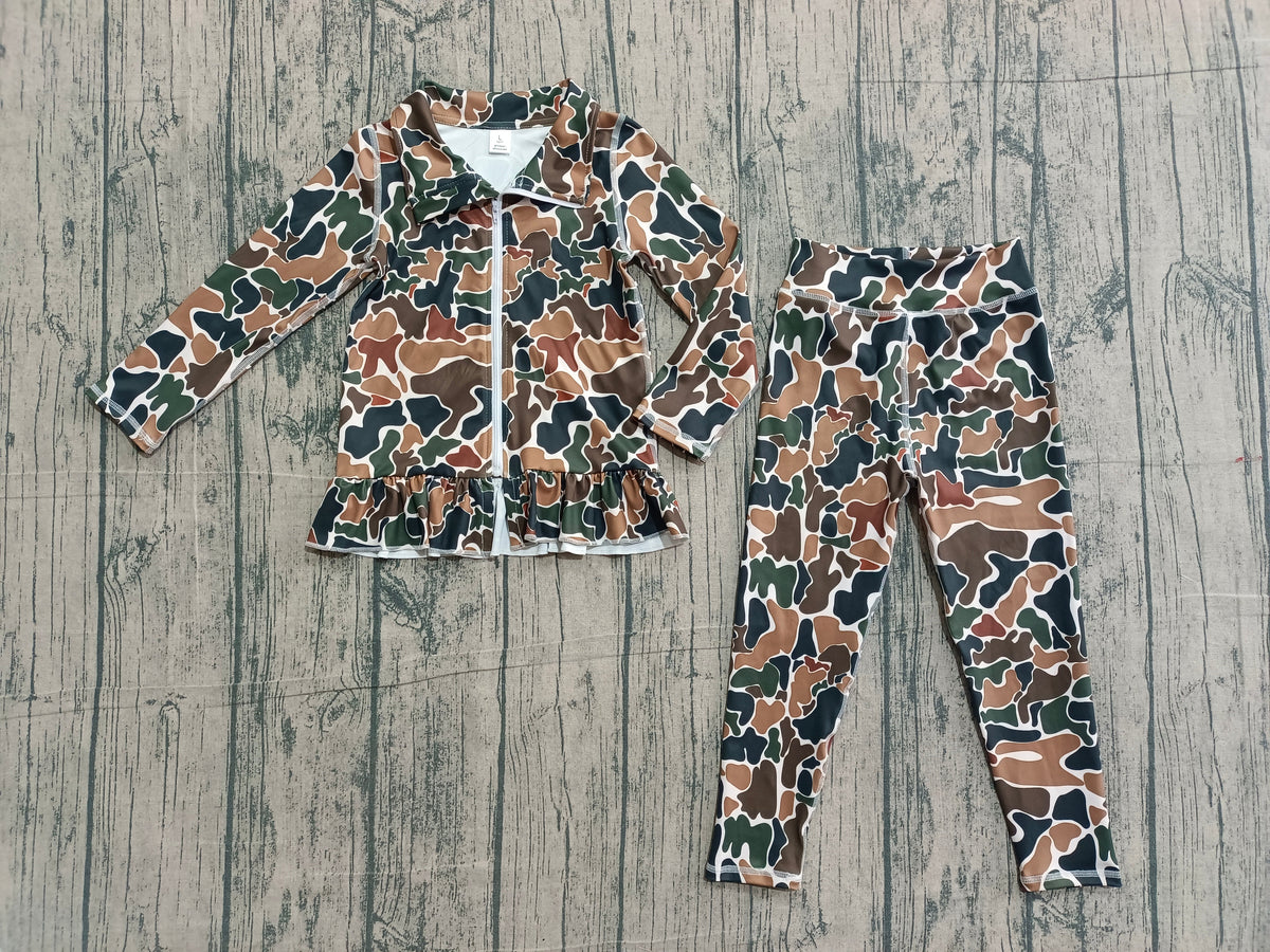 Long sleeves brown camo ruffle top leggings girls yoga set