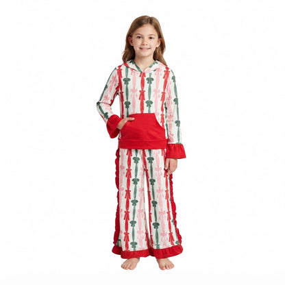 Red green bow hoodie ruffle pants girls Christmas set