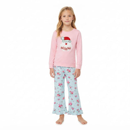 HO HO HO santa embroidery top pants girls Christmas set