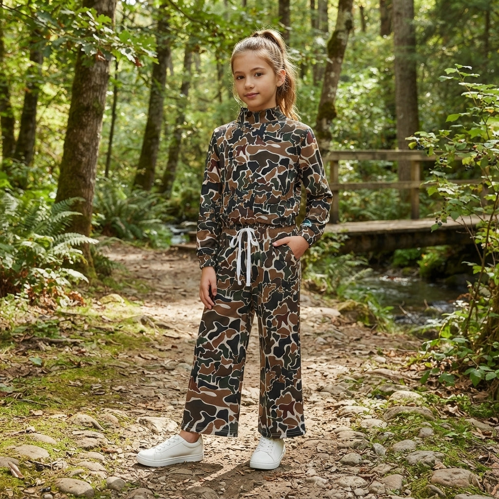 Brown camo long sleeves top pants girls active wear set
