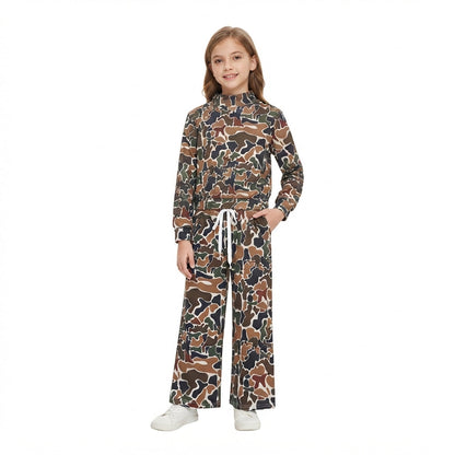 Brown camo long sleeves top pants girls active wear set