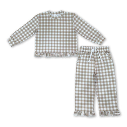 Long sleeves plaid stripe ruffle top pants girls outfits