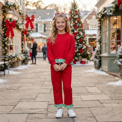 Long sleeves green stripe red top pants girls Christmas outfit