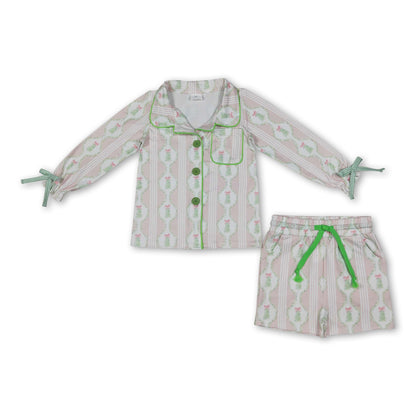 Pink Christmas tree bow button down kids girls pjs set