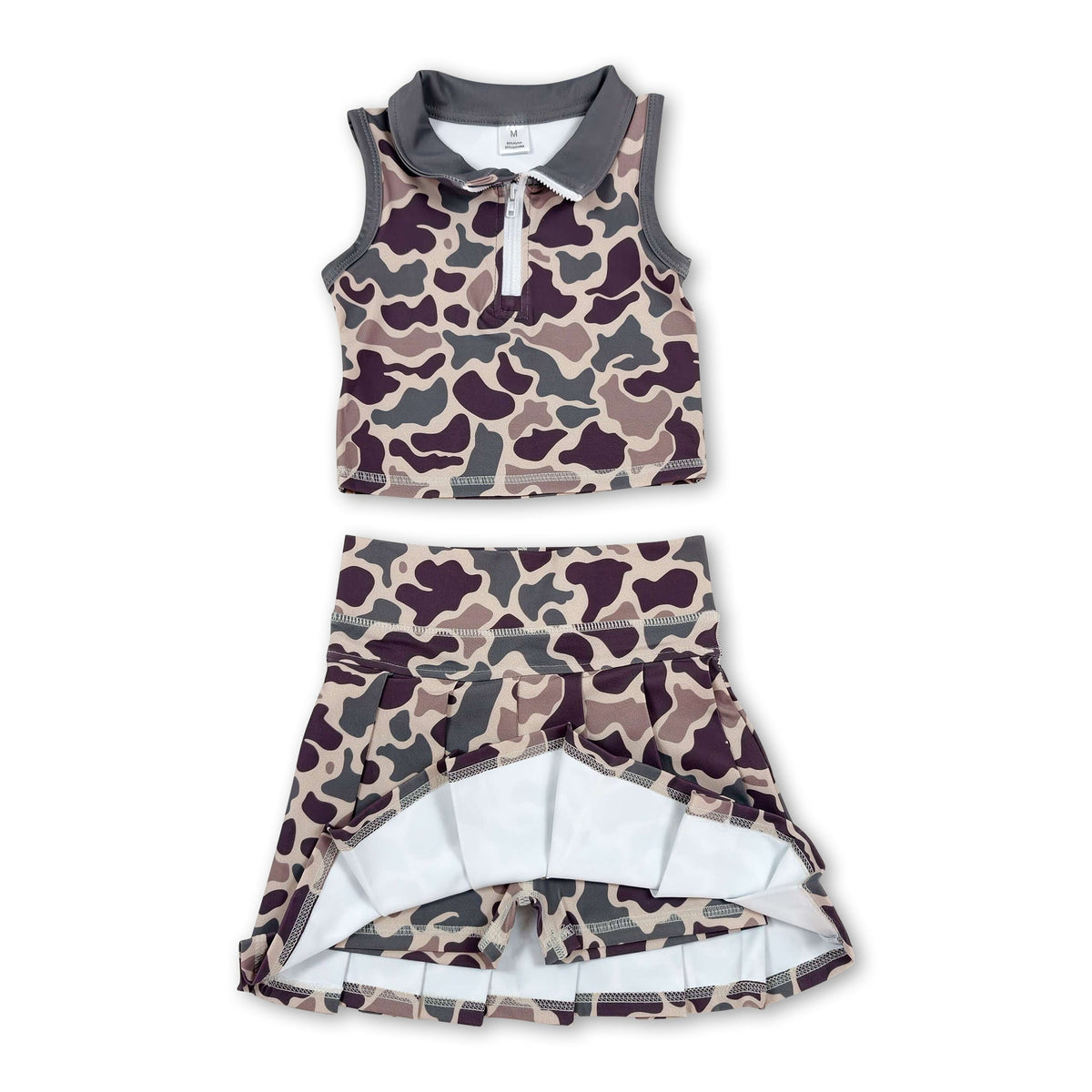 Sleeveless camo pullover pleated skirt girls active wear set