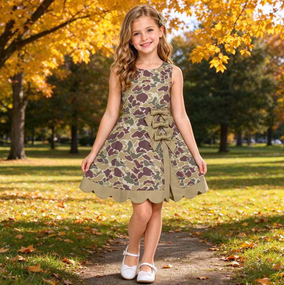 Sleeveless camo scallop kids girls athletic dresses