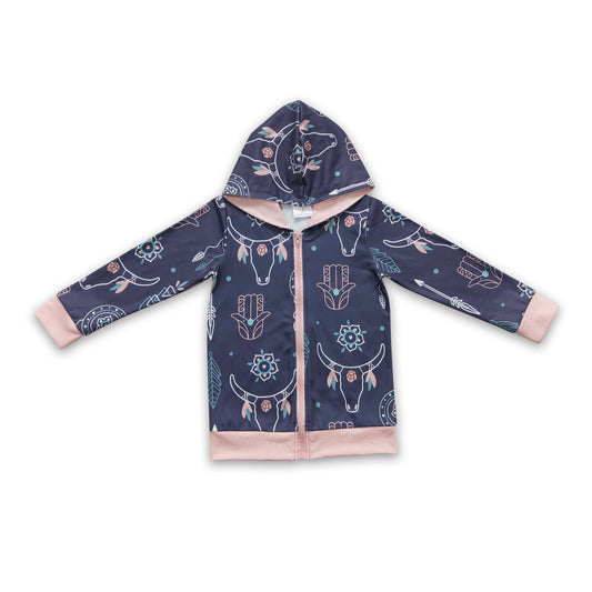 Bull skull feather zipper hoodie girls western jacket
