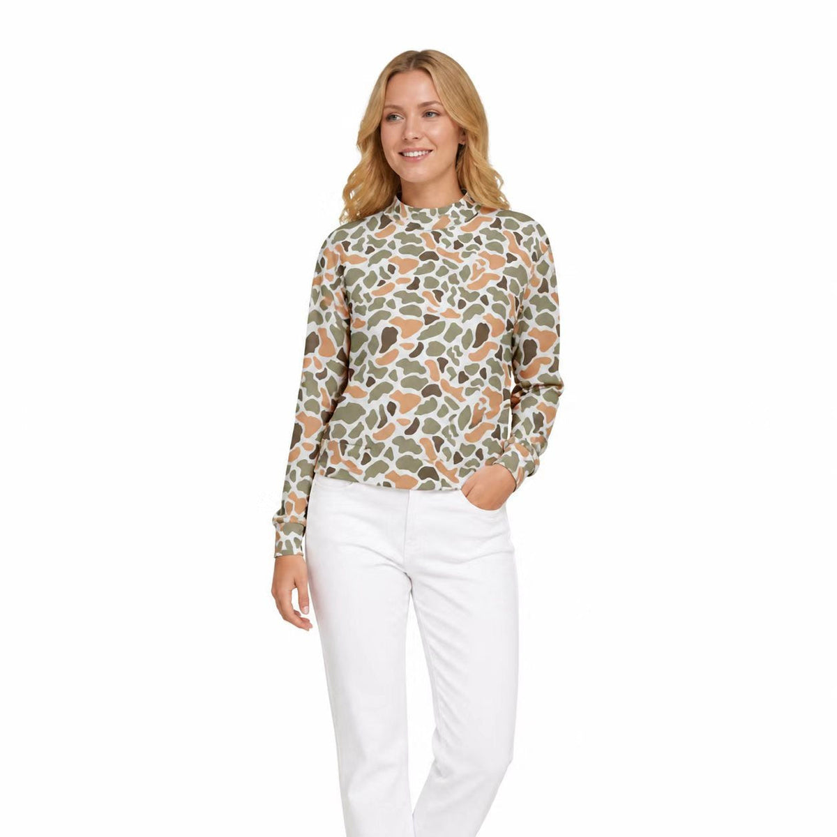 Long sleeves green camo adult women active top