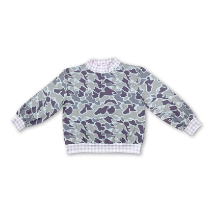 Long sleeves pink plaid mock neck camo kids girls top