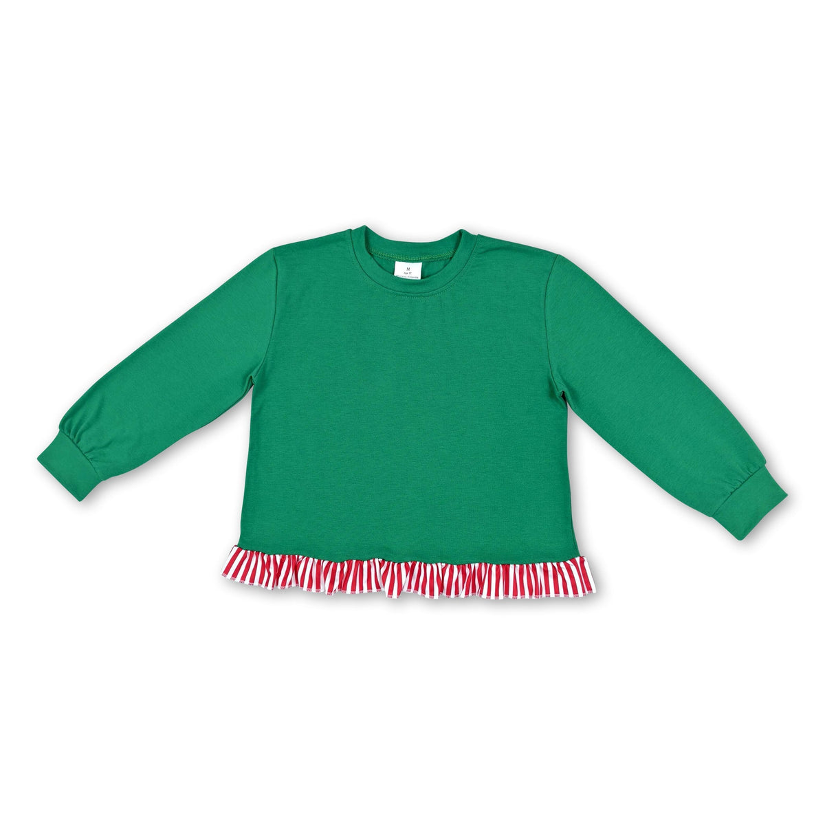 Long sleeves red stripe green cotton girls Christmas top