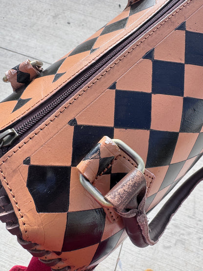 Caramel Espresso Checkered Speedy Western Genuine Leather Purse with optional wallet