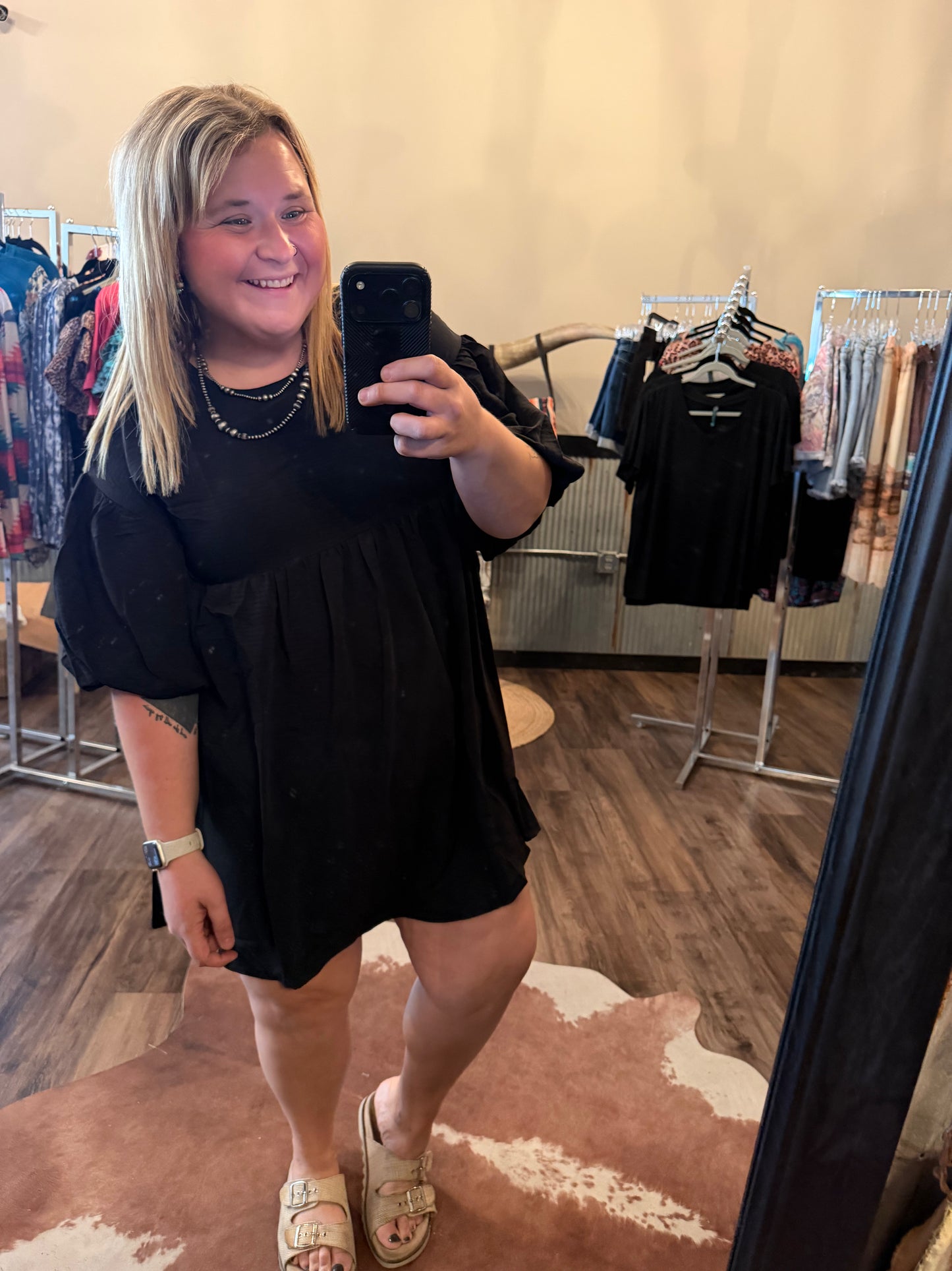 SHORT PUFF SLEEVE POCKETS TIERED TUNIC MINI DRESS