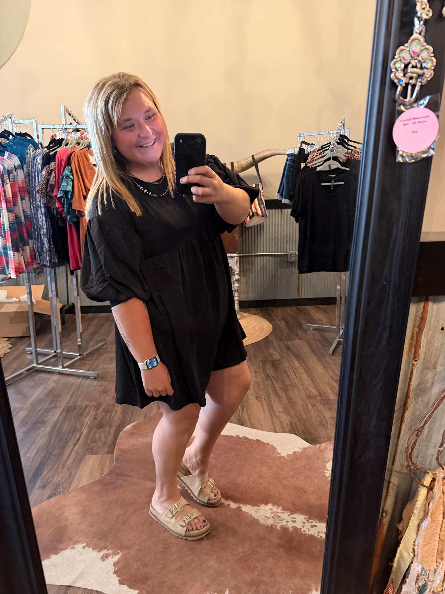 SHORT PUFF SLEEVE POCKETS TIERED TUNIC MINI DRESS