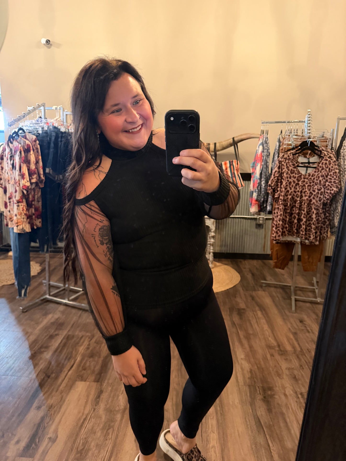 Black Cold Shoulder Sheer Mesh Sleeve Top