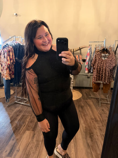 Black Cold Shoulder Sheer Mesh Sleeve Top