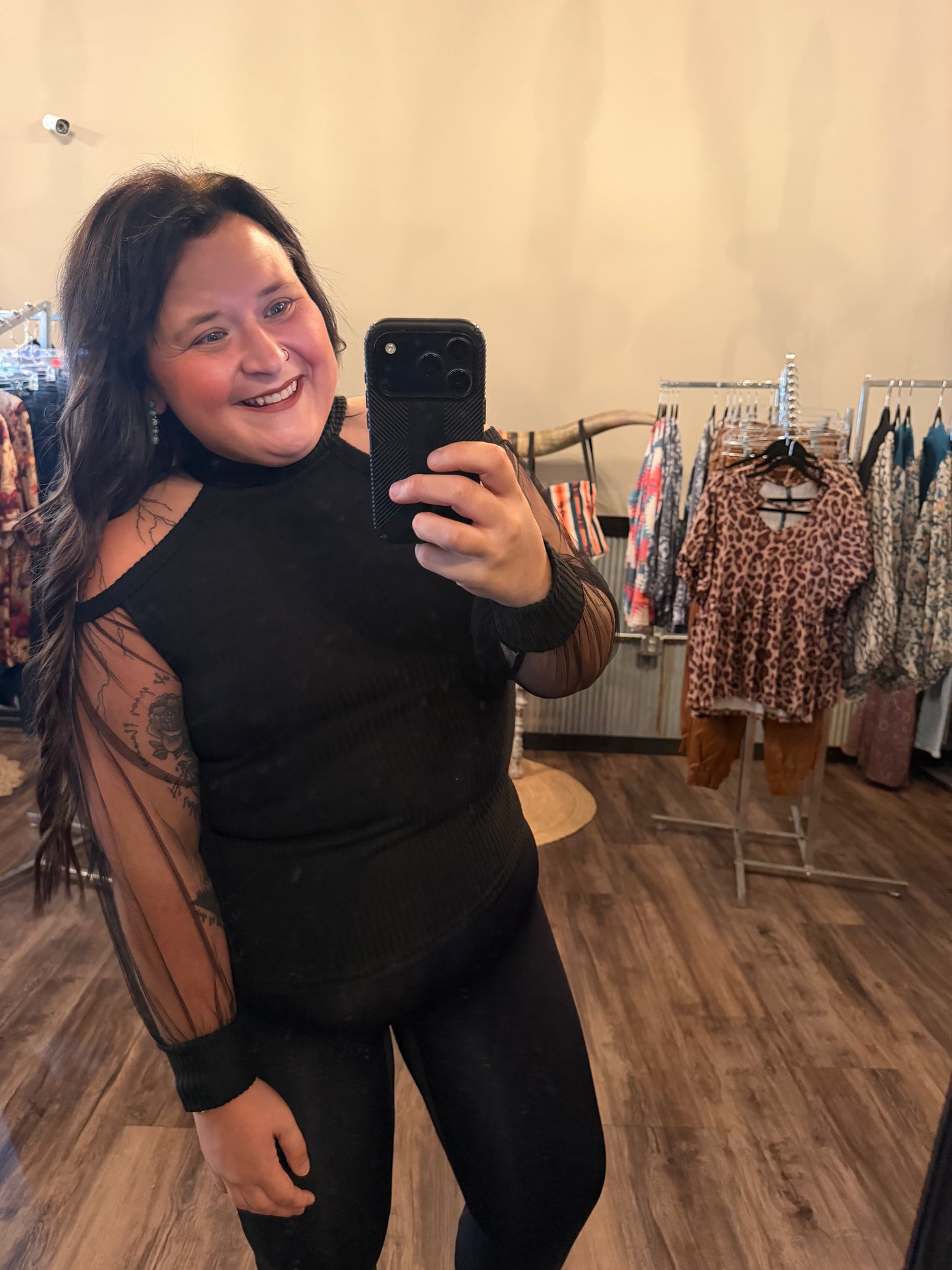 Black Cold Shoulder Sheer Mesh Sleeve Top
