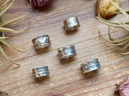 Sterling Silver Hand-Milled Wide Band Fancy Sun Ray Stamped Ring – Size 9 – Handmade by Artist Jason