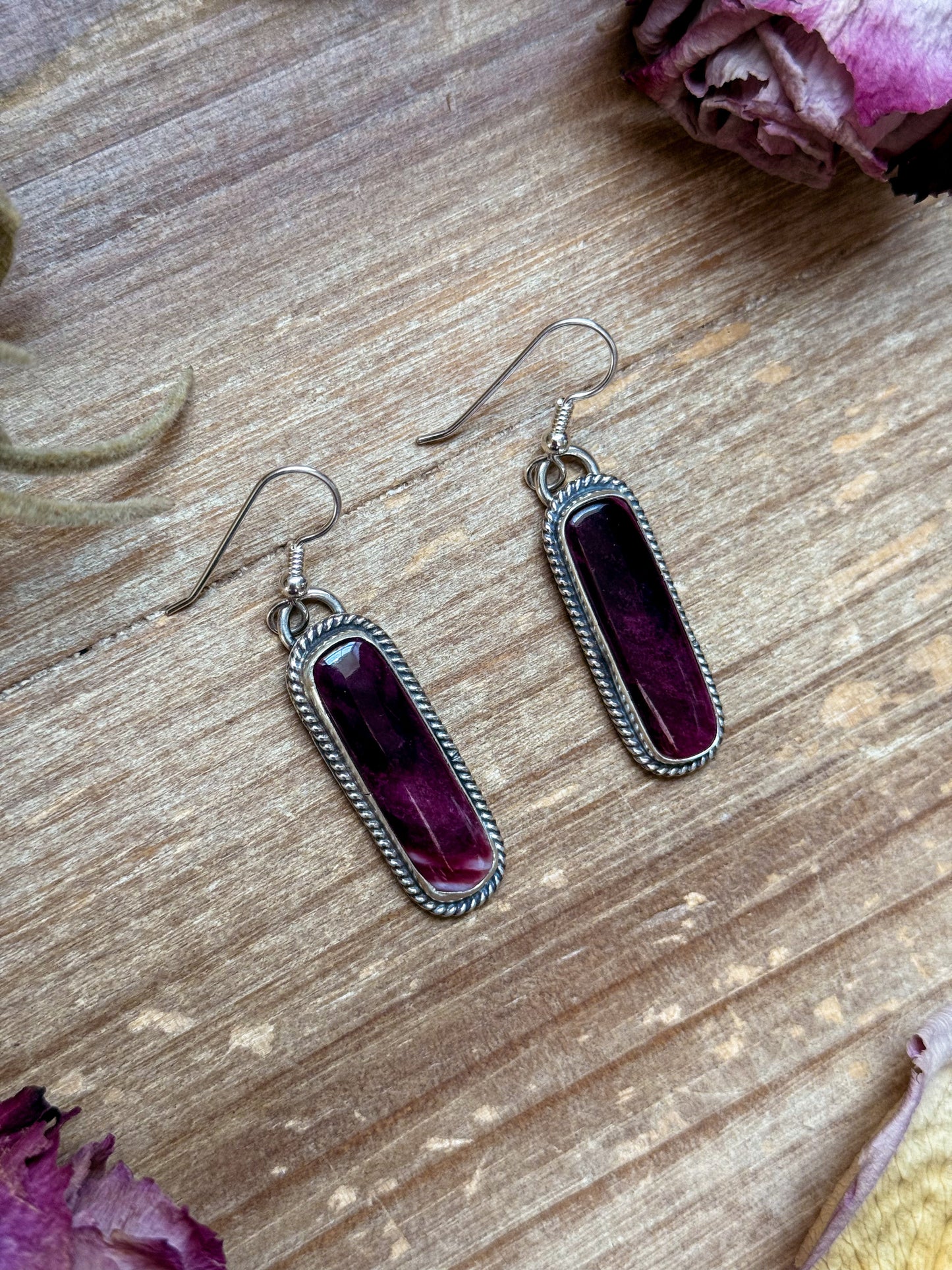 Sterling Silver Purple Spiny Oyster Dangle Earrings – Handmade by Artist Jason Ogg