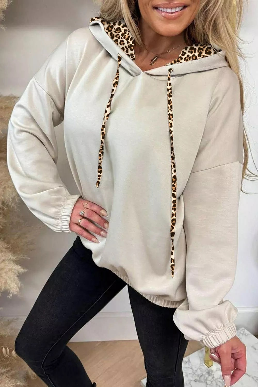Beige Leopard Print Lined Hoodie with Drawstring