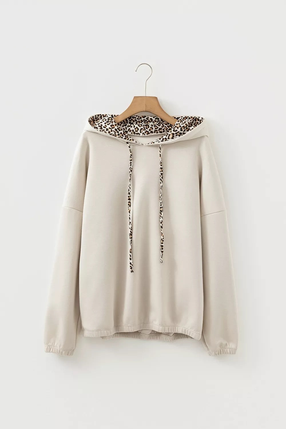 Beige Leopard Print Lined Hoodie with Drawstring