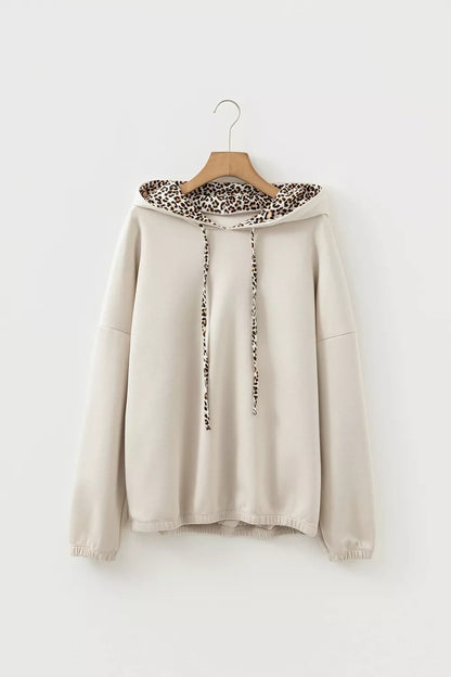 Beige Leopard Print Lined Hoodie with Drawstring