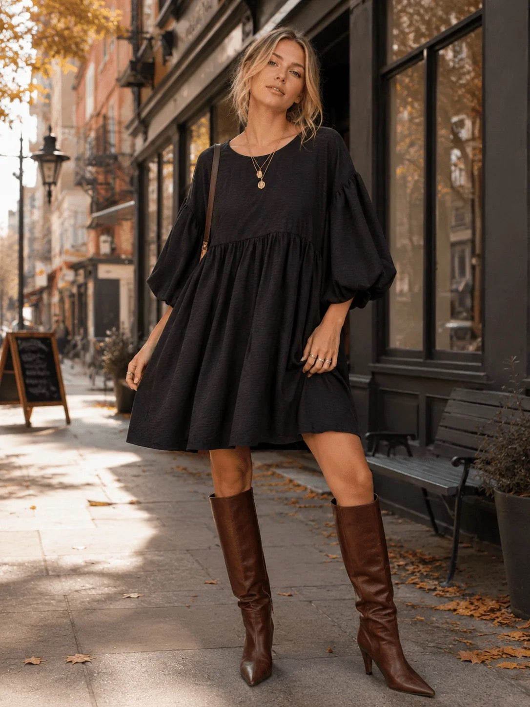 SHORT PUFF SLEEVE POCKETS TIERED TUNIC MINI DRESS