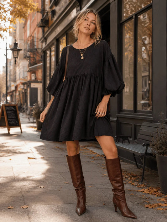 SHORT PUFF SLEEVE POCKETS TIERED TUNIC MINI DRESS
