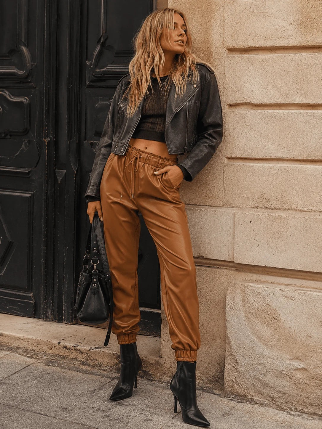 ELASTIC WAIST FRONT POCKETS JOGGER LEG PU PLEATHER PANTS