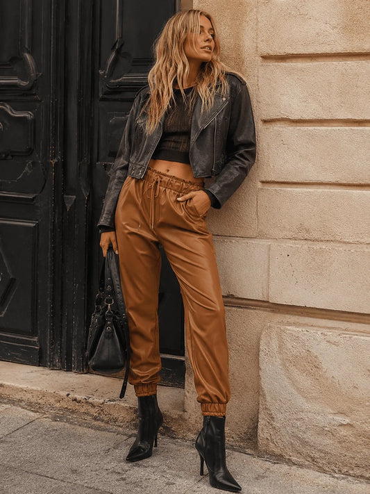 ELASTIC WAIST FRONT POCKETS JOGGER LEG PU PLEATHER PANTS
