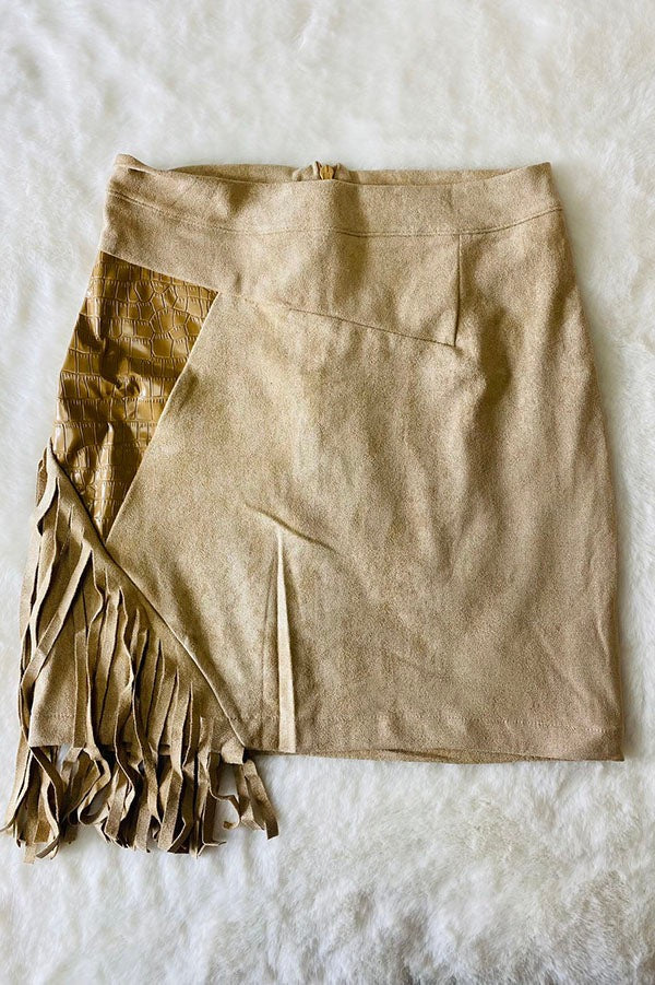 Girls Fringe Trim Asymmetrical Faux Suede Skirt