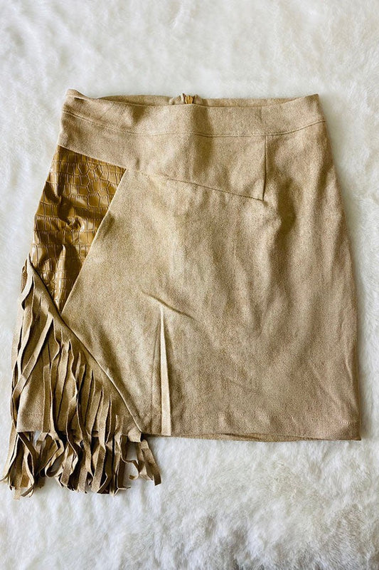 Girls Fringe Trim Asymmetrical Faux Suede Skirt