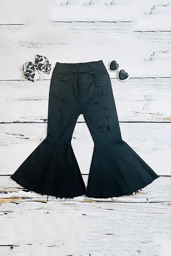 Girls Black Distressed Denim Bell Bottoms