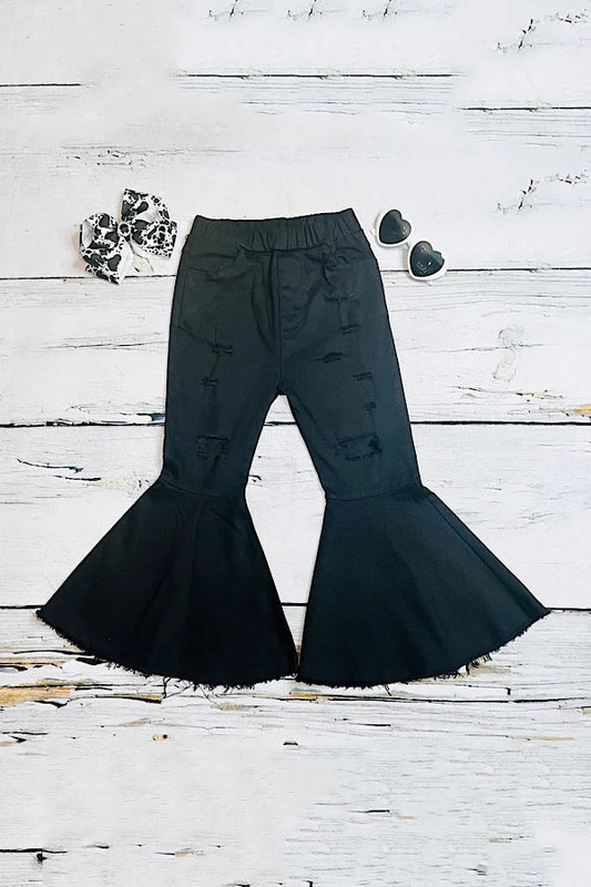 Girls Black Distressed Denim Bell Bottoms