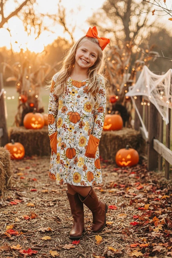 Girls Pumpkin & Floral Long Sleeve