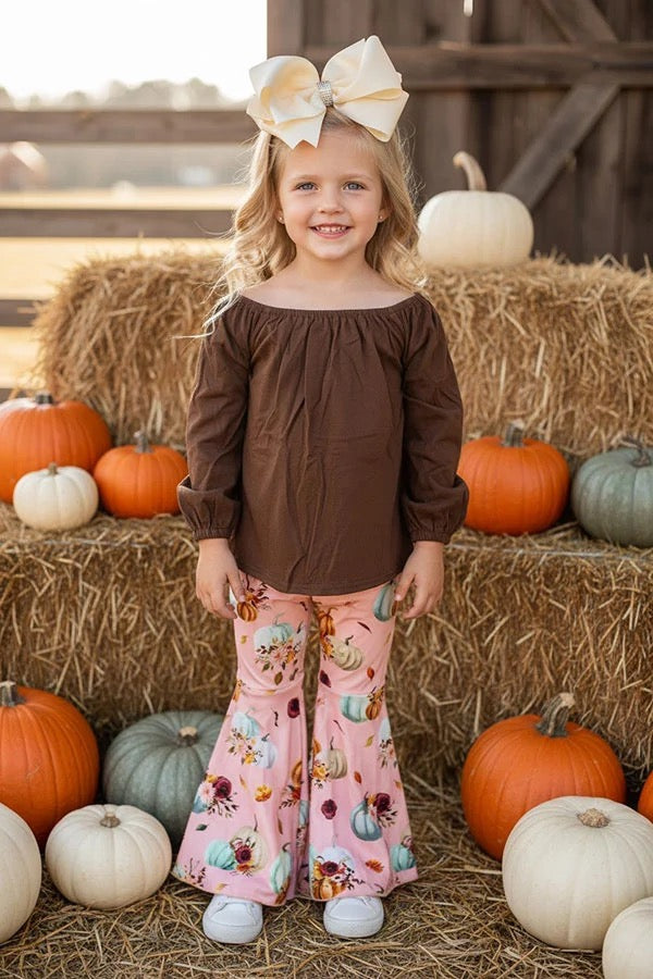 Girls Brown Top w/ Pumpkin Bell Bottoms
