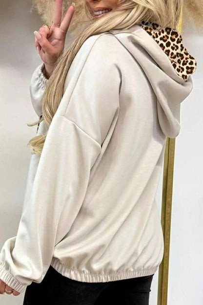 Beige Leopard Print Lined Hoodie with Drawstring