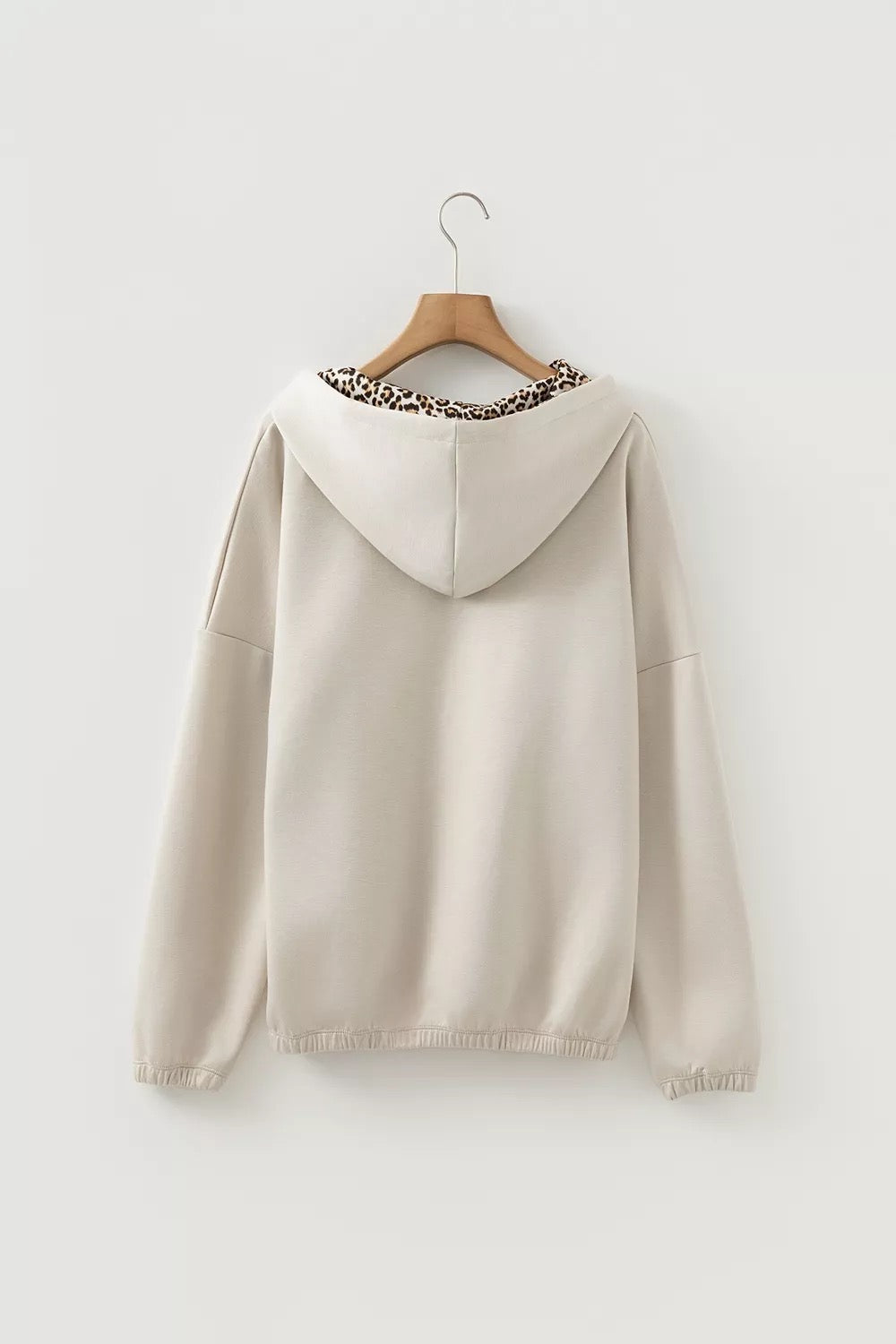 Beige Leopard Print Lined Hoodie with Drawstring