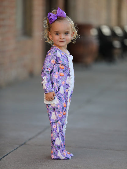 Halloween Ghost Pumpkin Girls Romper Ruffle Zipper