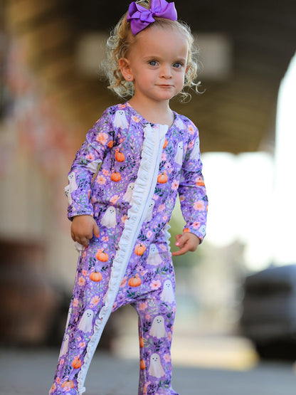 Halloween Ghost Pumpkin Girls Romper Ruffle Zipper